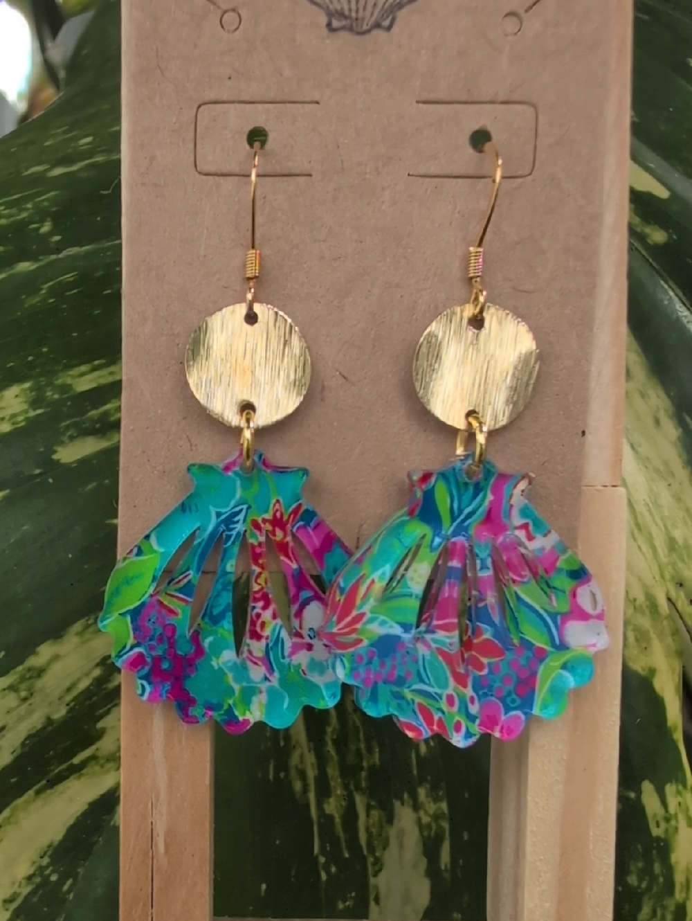 Gold Disc Drop Earrings with Multicolor Floral Shells